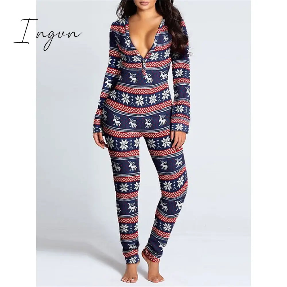 Ingvn - Women's Pajamas Jumpsuit Elk Snowflake Casual Comfort Soft Home Christmas Daily Polyester Breathable V Wire Long Sleeve Hole Fall Winter White Red