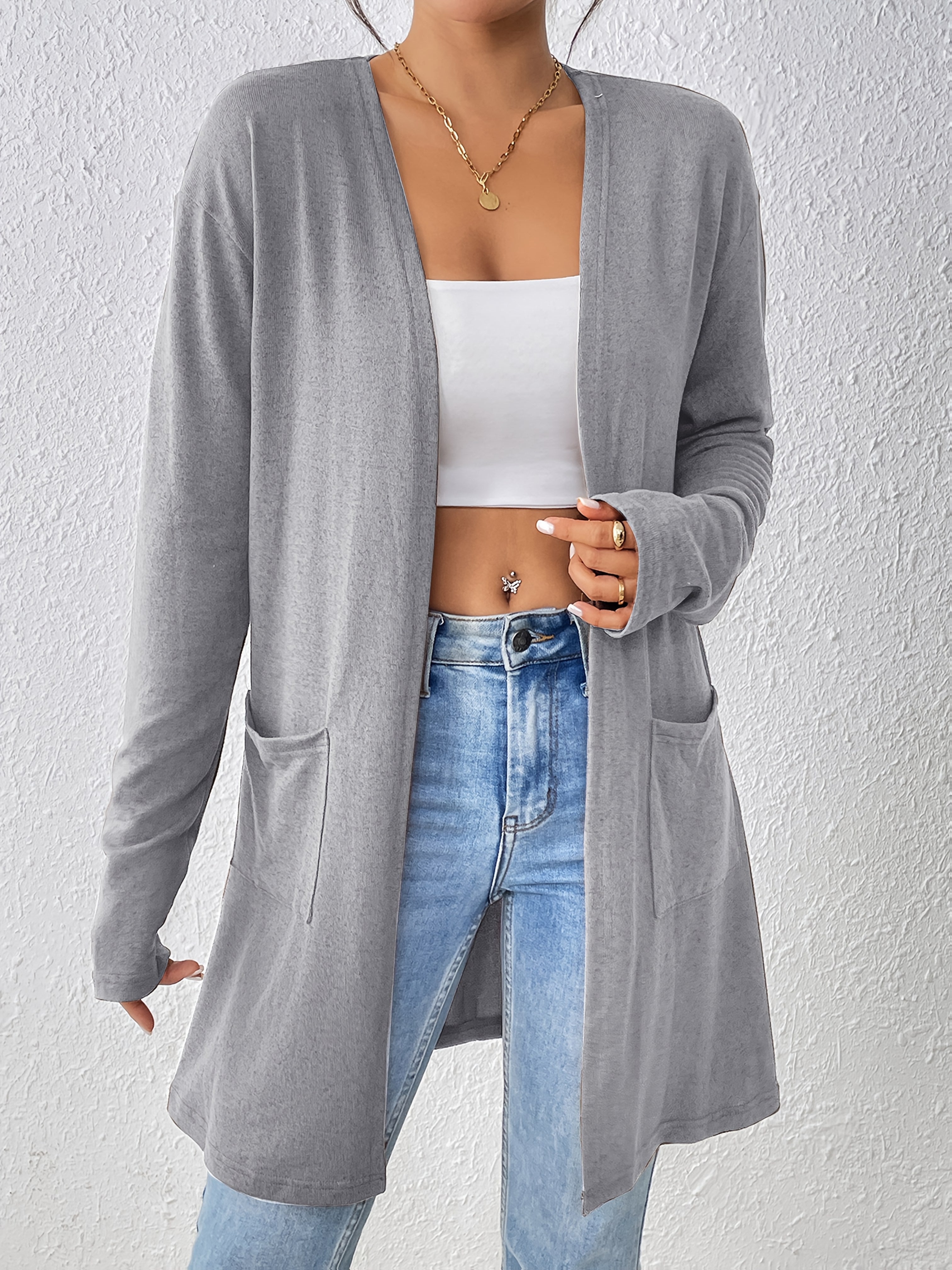 Dual Pockets Open Front Cardigan, Stylish Solid Color Long Sleeve Cardigan For Spring & Fall, Women's Clothing