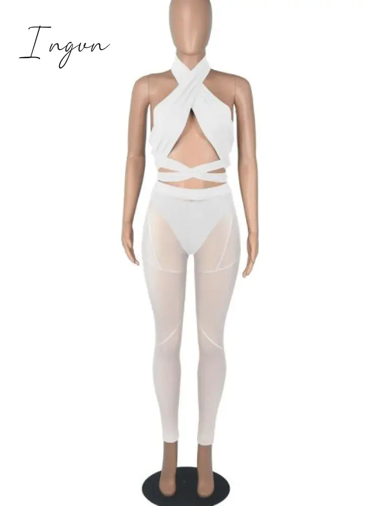 Ingvn - Sexy Mesh Sheer Spliced Two Piece Set Tracksuit Women Bodysuit Pants Summer Clothes Vacation Club Outfits Matching Sets