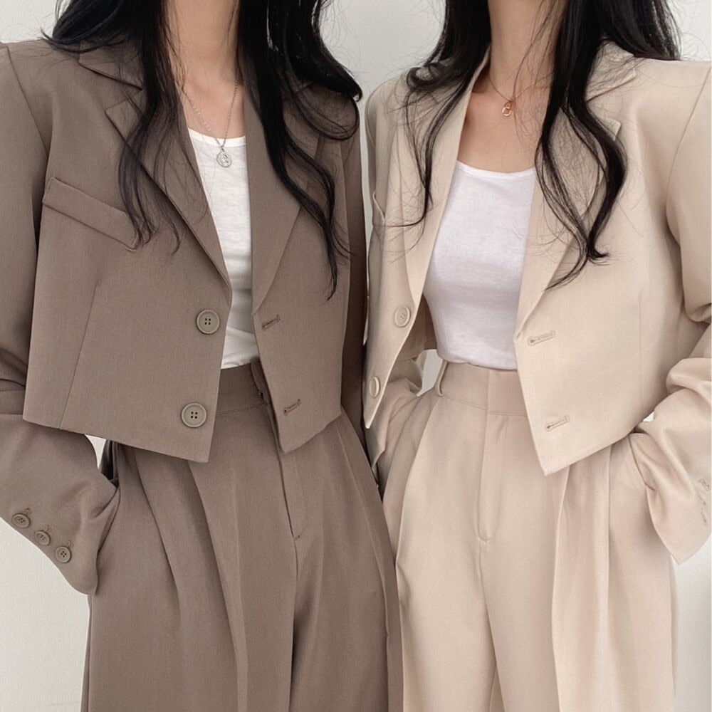 Korean Style Office Lady Blazer Sets Autumn Loose 2 Two Piece Set Women Long Sleeve Short Suit Coat + Straight Suit Pants Suits