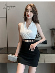 Ingvn - Summer New Sexy V-neck Design Party Sleeveless Short Skirt Slim Fit Workplace HIP WRAP A-line Dress For Women