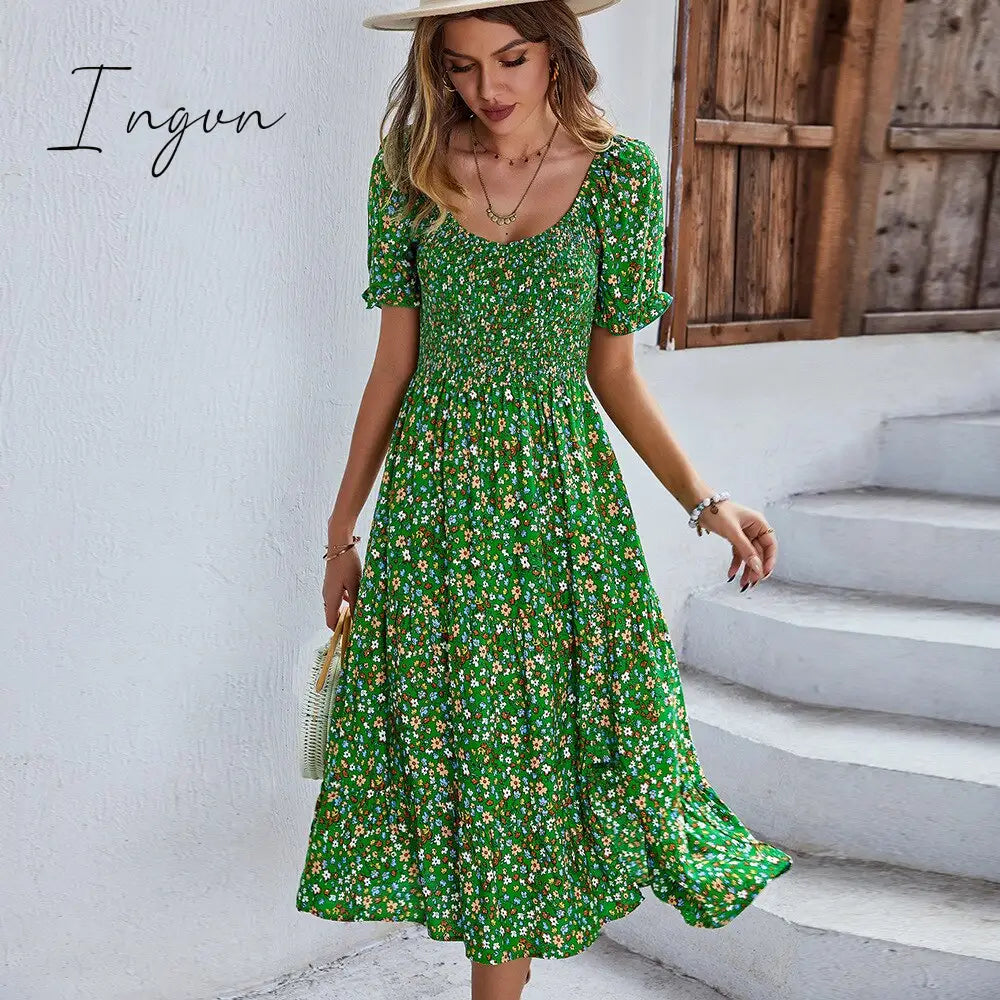 Ingvn - Ladies Sexy Vintage Floral Print Boho Summer Dress Women Casual Elastic Bohemian Beach Dress Women Sundress Robe Vestidos Female