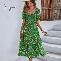 Ingvn - Ladies Sexy Vintage Floral Print Boho Summer Dress Women Casual Elastic Bohemian Beach Dress Women Sundress Robe Vestidos Female