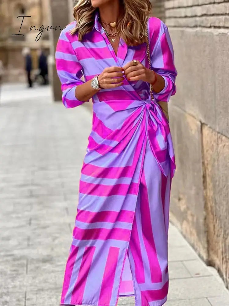 Ingvn - Ladies Elegant V-Neck Tie Waist Print Dress
