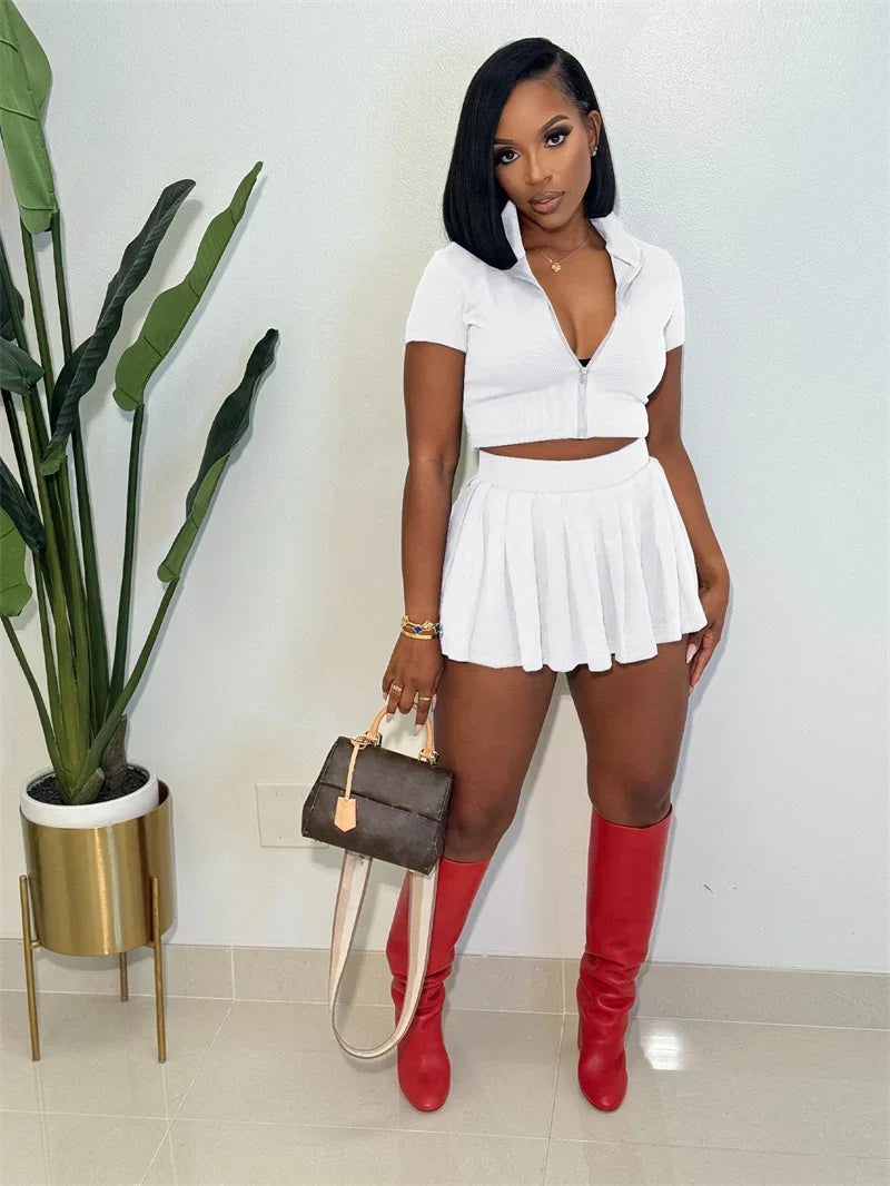 Knitted Pleated A-line Skirt Sets Womens 2 Piece Outfit Zipper Turn-down Collar Crop Top and Mini Skirts New in Matching Sets