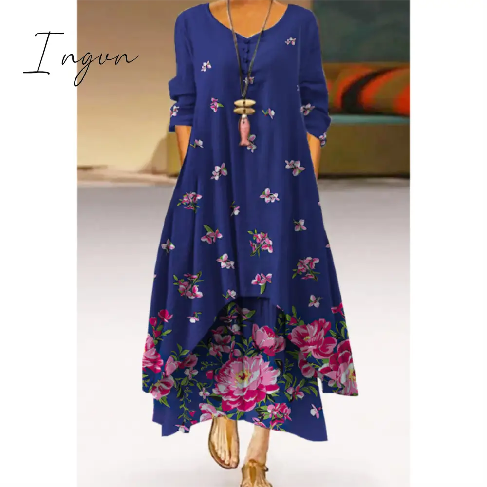 Ingvn - Fashion Summer Maxi Dress Women's Printed Sundress Casual Short Sleeve Vestidos Female High Waist Robe Femme midi elbise