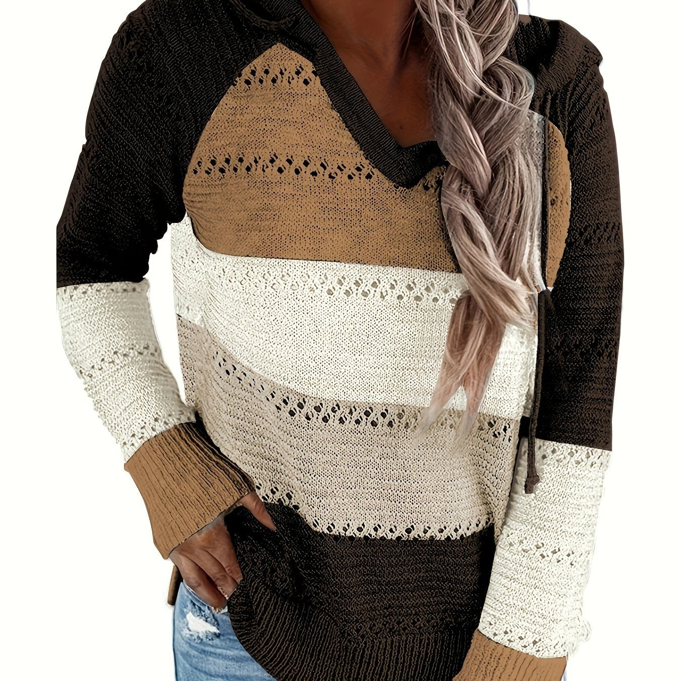 Color Block Drawstring Hooded Sweater, Casual Long Sleeve Sweater For Fall & Winter, Women's Clothing