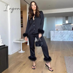 Ingvn - 2 Piece Sets Outfits Feather Long Sleeve Blouse Top Shirts And Pants Women Tracksuits Y2K Elegant Casual Party Sexy 2023