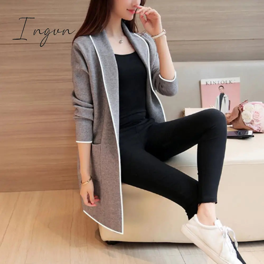 Ingvn - Womens Fashion Autumn Winter Long Cardigan Female Casual Women Pocket Cardigan Sweater Knitted Cardigans All-match For Women Jacket Tops