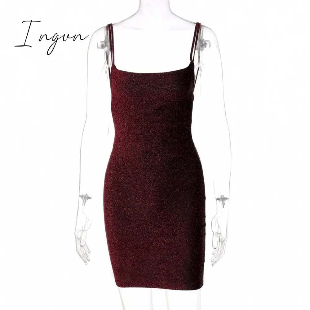 Ingvn - Bling Glitter Sequin Women Strap Mini Dress Ruched Lace Up Backless Bodycon Sexy Party Club Autumn Winter Elegant