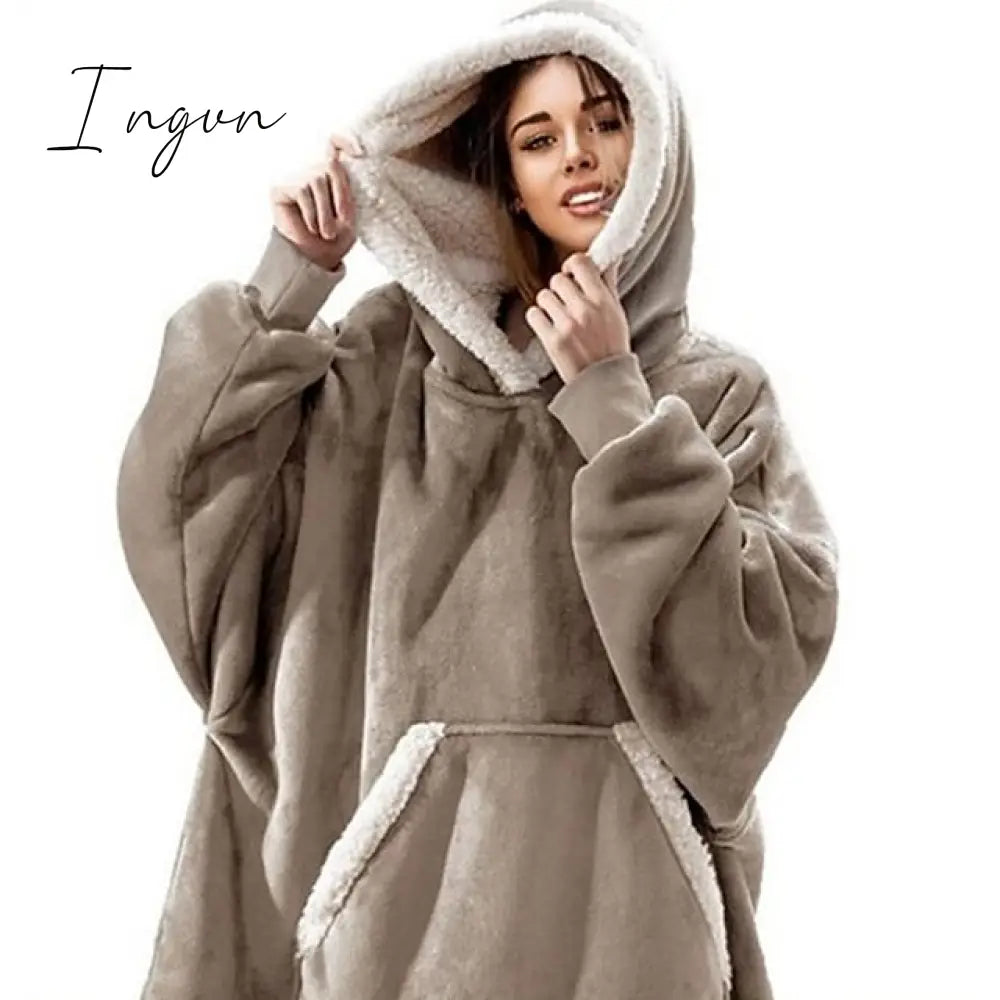 Ingvn - Women‘s Couple‘s Pajamas Nightgown Hoodie Blanket Wearable Blanket Christmas Grid / Plaid Pure Color Plush Simple Comfort Home Party Fleece Warm Gift Patchwork Pocket Fall Winter Black Gray