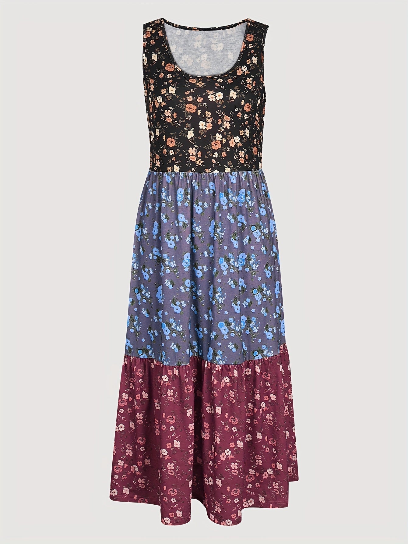 Fashionable Color Block Floral Print Tank Dress - Stylish Crew Neck, Flouncy Tiered Ruffles, Sleeveless - Versatile Casual Womens Summer Wear