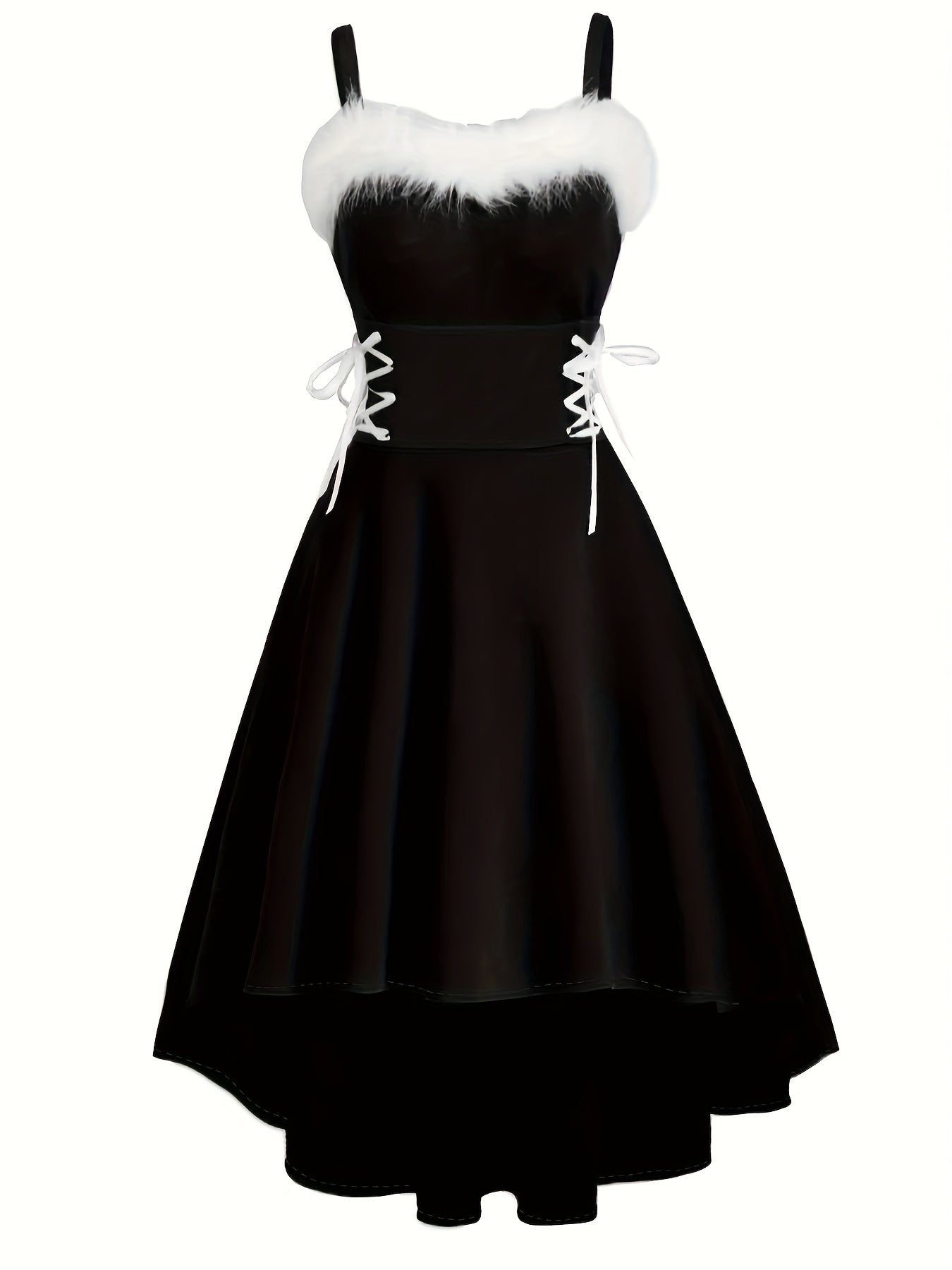 Vintage-Inspired Faux Fur Aline Swing Tank Dress - Contrast Trim, Asymmetrical Hem, Cross Tie Detail, Christmas Party Dress - Women's Clothing, Holiday Season Fashion