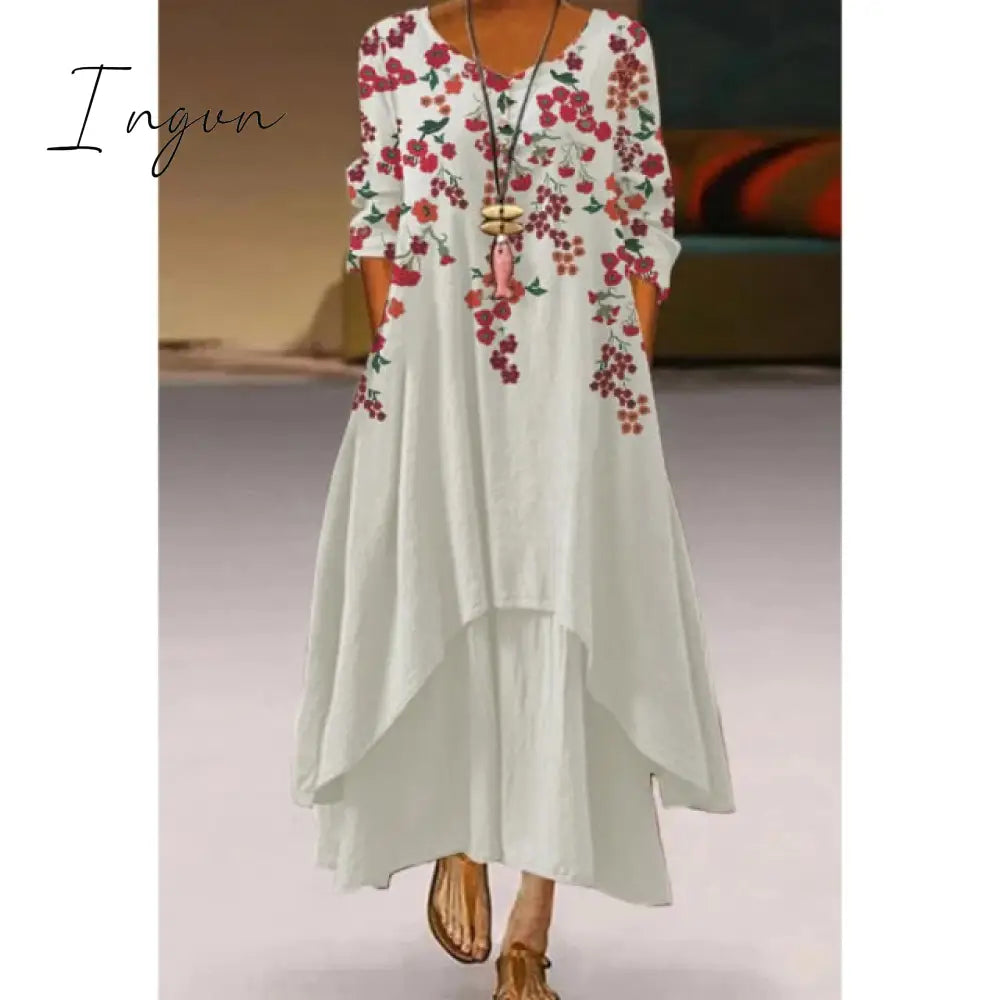 Ingvn - Fashion Summer Maxi Dress Women's Printed Sundress Casual Short Sleeve Vestidos Female High Waist Robe Femme midi elbise