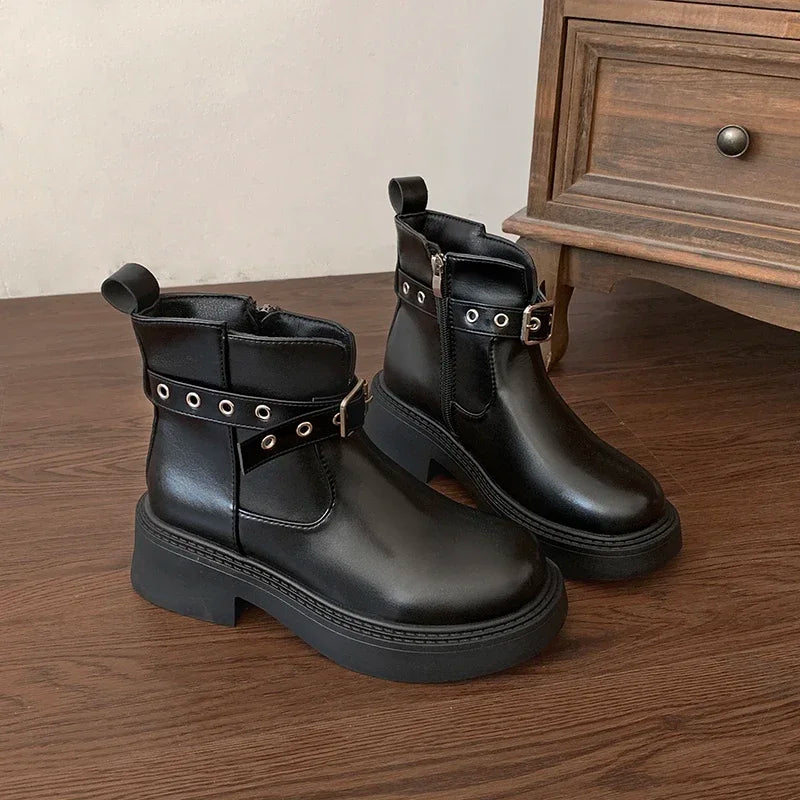 Ingvn  Thick Heel Women Ankle Boots Fashion Elegant Belt Buckle Shoes Spring Autumn Vintage Women's Morder Short Booties