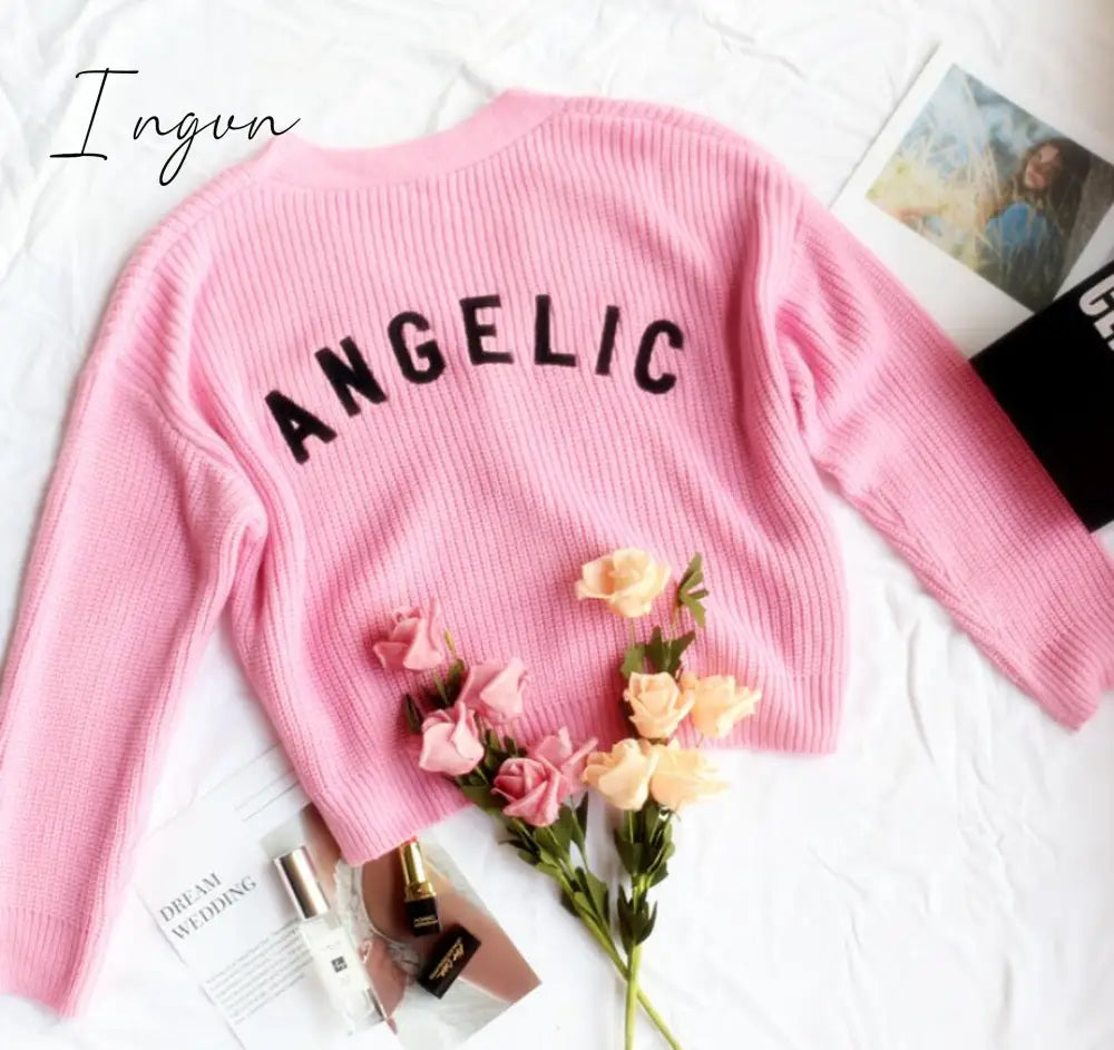 Ingvn - Kawaii Fairycore Pink Sweater Women Aesthetic Streetwear Long Sleeve Crop Tops Y2k E-girl Autumn Knittwear Outfit Femme new years eve outfits women