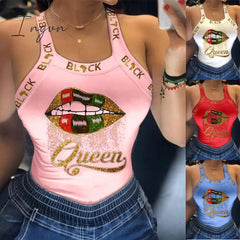 Ingvn - Tank Tops Women U Neck Letter Print Lips Vest Summer Ladies Harajuku Shirts Slim Fit Polyester Sleeveless Top Tshirts