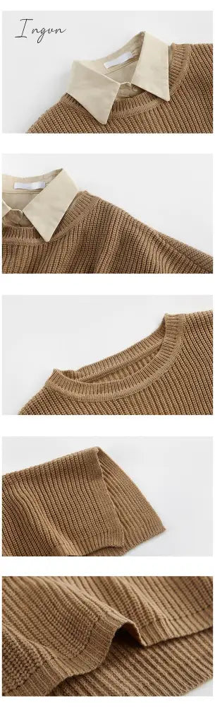 Ingvn - Spring Autumn Fashion Women Two Pieces Sets Long Sleeve Short Blouse Shirt + Solid Knitted Pullover Crop Shawl Sweater Female Tops