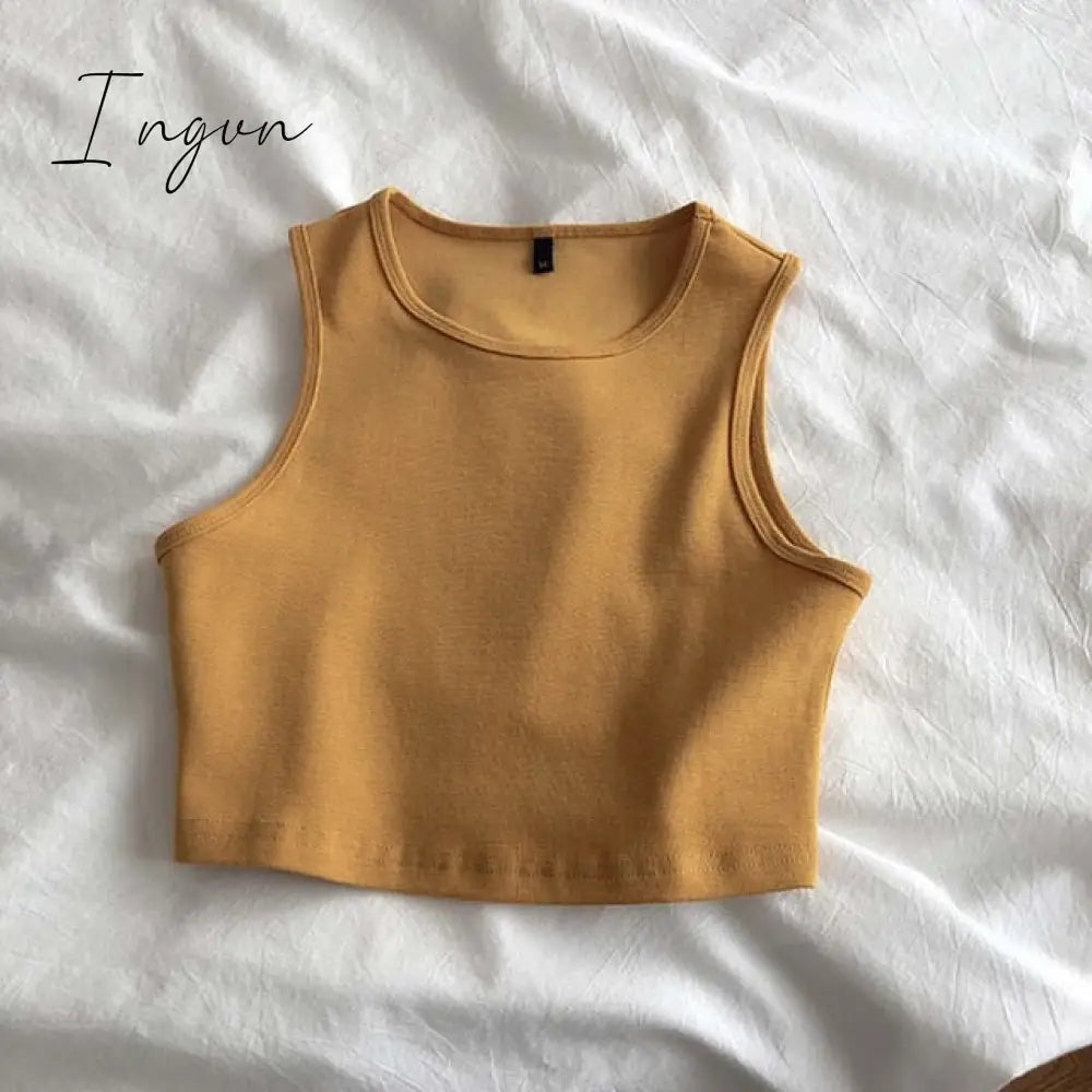 Ingvn - Summer new ladies retro crop top high waist slimming stretch slim short sleeveless bottoming top