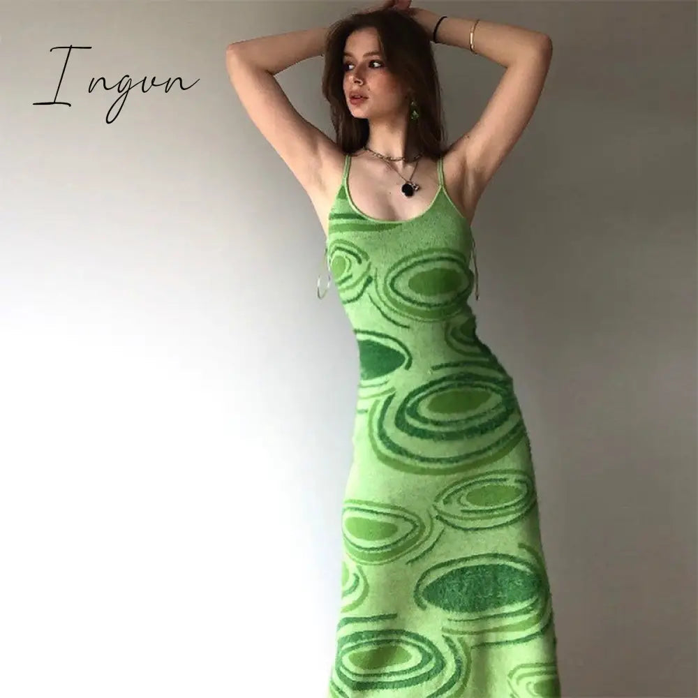Ingvn - Paisley Print Knit Dress Women Green Y2K Summer Sexy Bodycon  Sleeveless Spaghetti Strap Beach Party Midi Dresses
