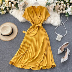 Ingvn - High Quality Solid Pleated Dress Women V neck Short Sleeves Sashes Long Dresses Summer Streetwear Vintage Vestidos
