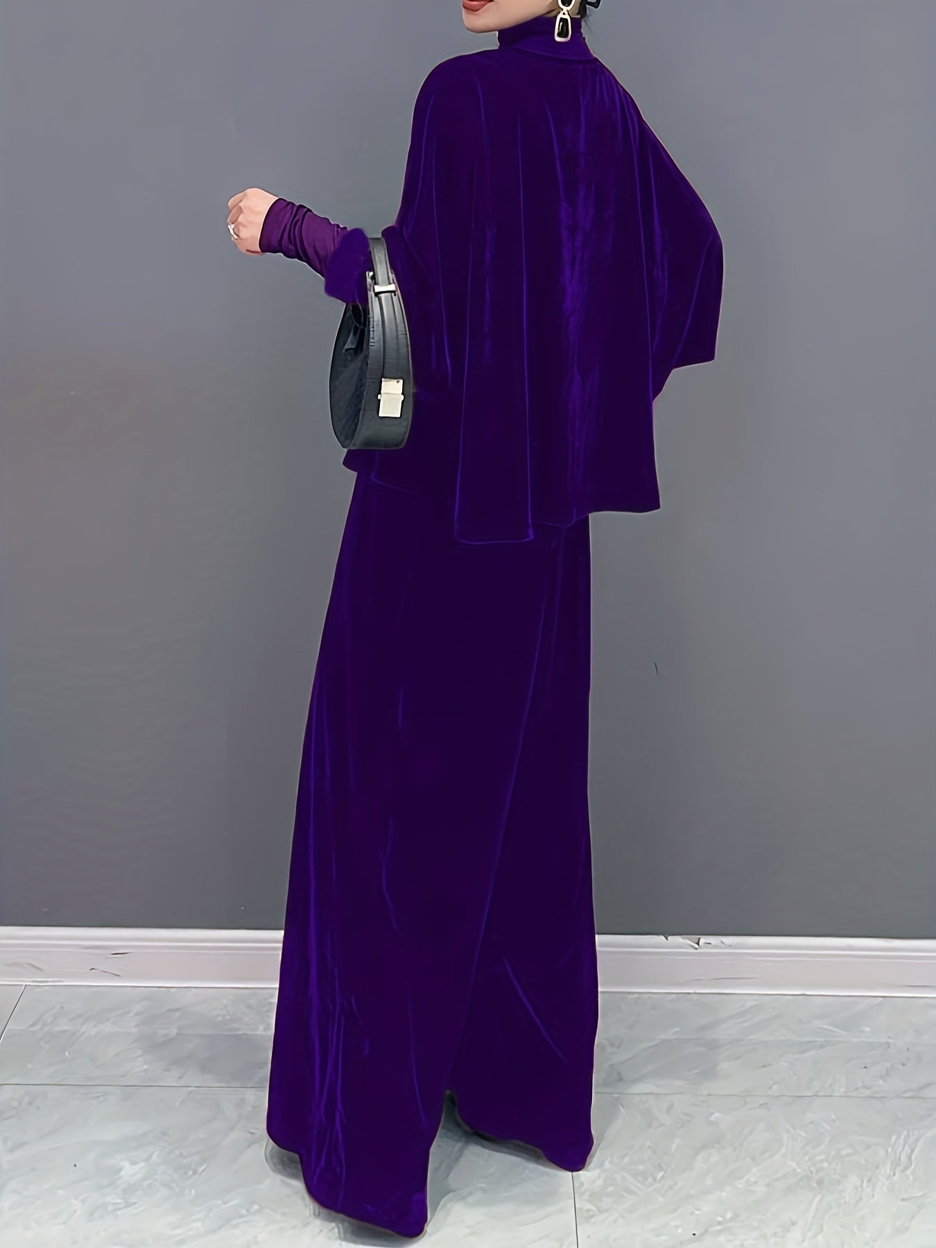 2 Pcs Velvet Solid Color Long Sleeve Open Front Top & Wide Leg Pants Outfit, Women's Clothing