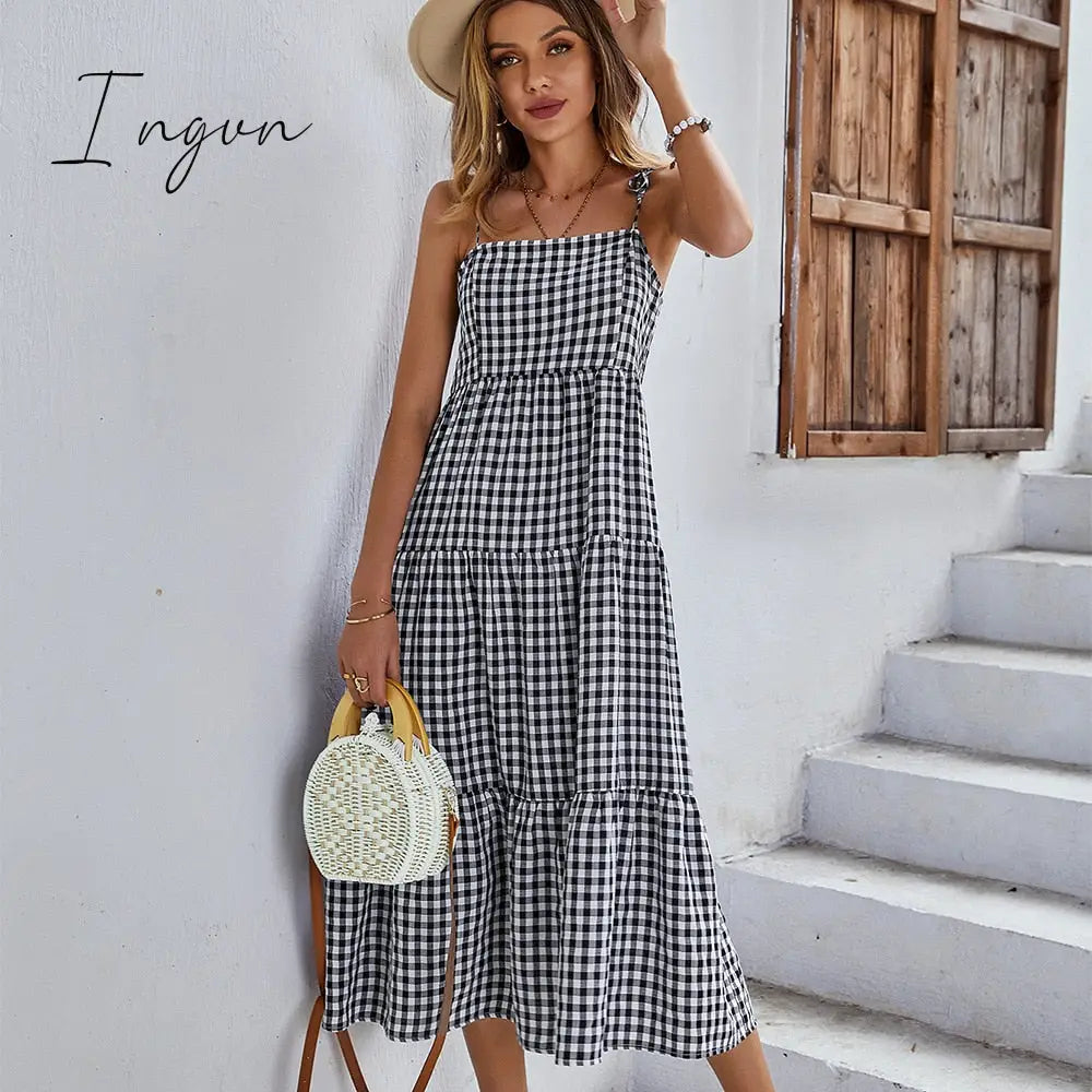 Ingvn - Ladies Vintage Boho Plaid Summer Dress Women Sexy Backless Casual Ruffles Party Beach Sundress Women Dress Robe Vestidos Female