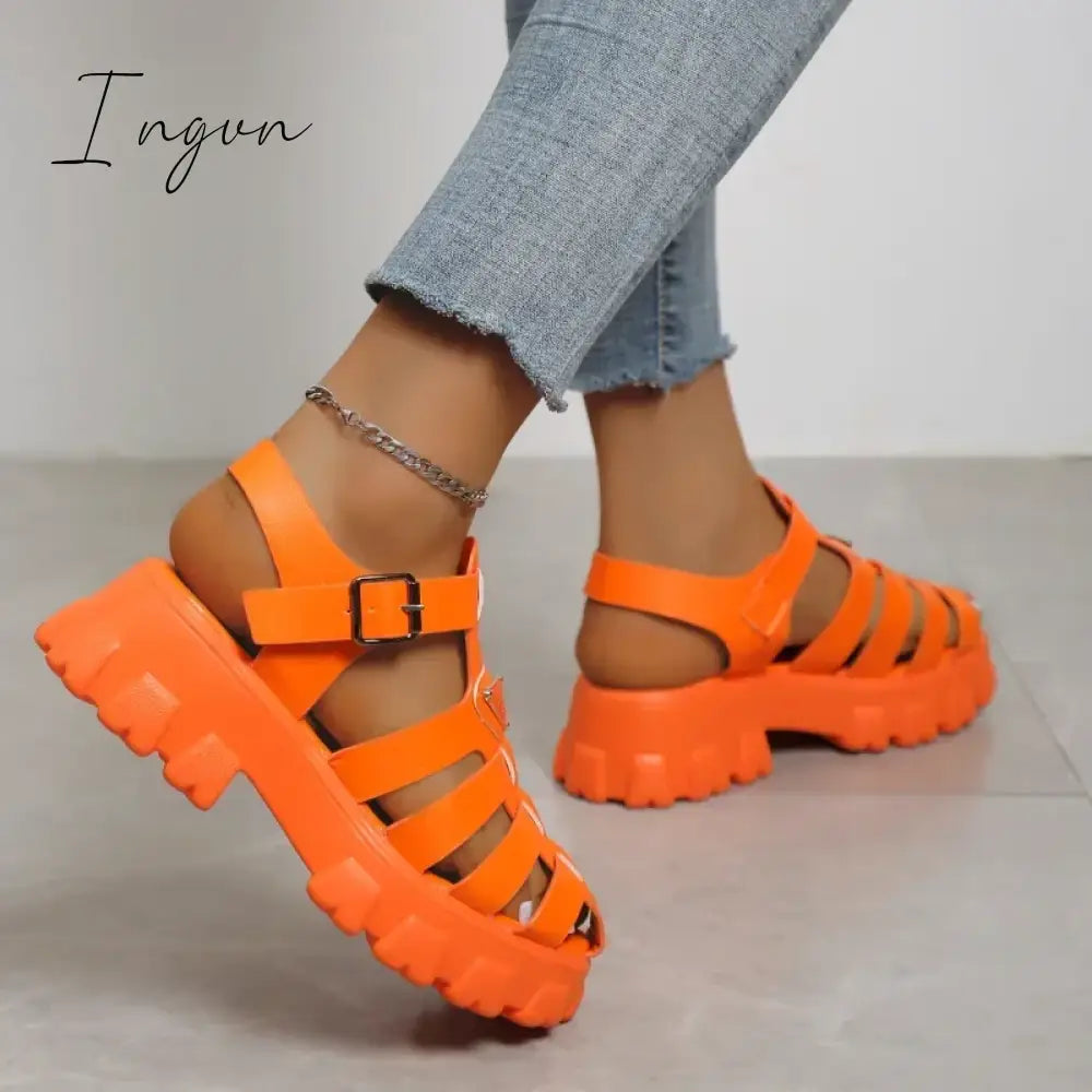 Ingvn - 2024 Fashion Gladiator Women Narrow Band Cross-tied Platform Square Heel Peep Toe Rome Design Sexy Mature Shoes Ladies Female