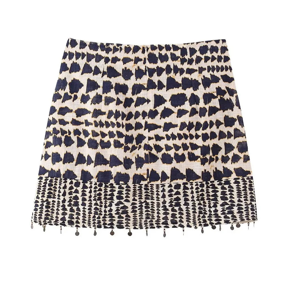 Women Fashion With Beaded Print Wrap Mini Skirt Vintage High Waist Back Zipper Female Skirts Mujer