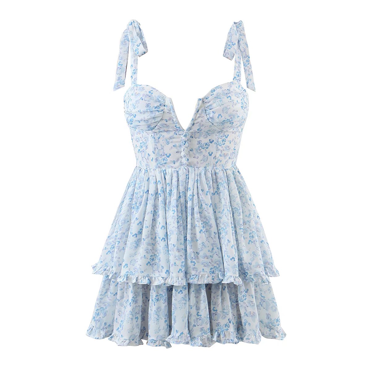 Fashion Women Spaghetti Strap Ruffle Cake Chiffon Dress Sexy Ladies Floral Print Holiday Party Mini Dress Summer Robe