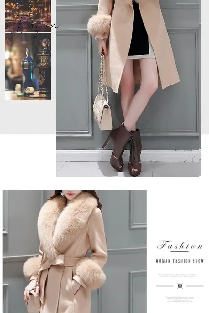 Ingvn - Fur Woolen Coat =New Women  Knee Mid-length Korean Fashion Big Fur Collar Beautiful Cloak Red Pink White Camel S To 3XL