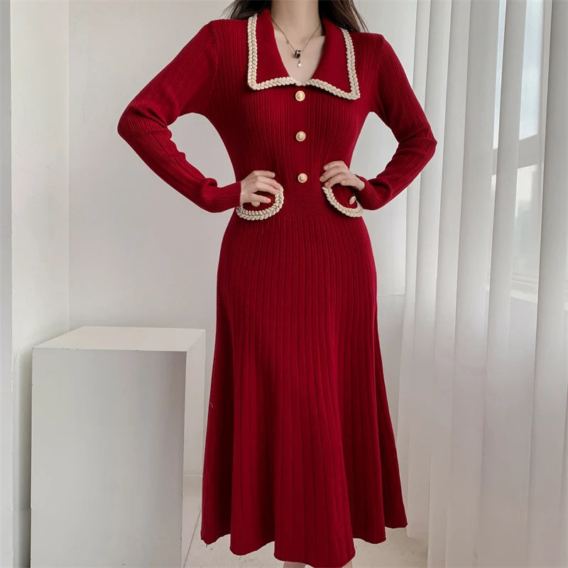 Autumn Elegant Knitted Dress for Women Fashion Single Breasted Slim A Line High Waist One Piece Female Korean Clothes Winter New