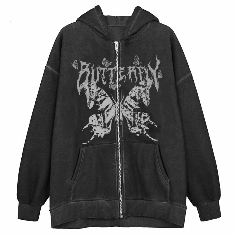 Y2K Retro Dark Gray Butterfly Zipper Hooded Sweatshirt 90s Harajuku Punk Gothic Zip Up Hoodie Long-sleeved Loose Jacket
