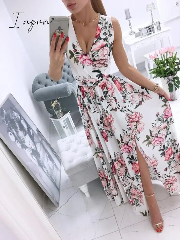Ingvn - Sexy Long Evening Dress Elegant Dress For Women V-neck Side Split Party Dresses Female Summer Fashion Casual Club Ladies Clothes