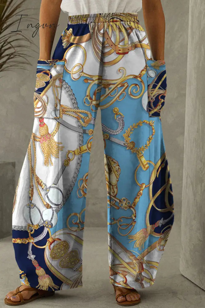 Ingvn - Red Casual Print Patchwork Pocket Regular High Waist Conventional Full Print Trousers