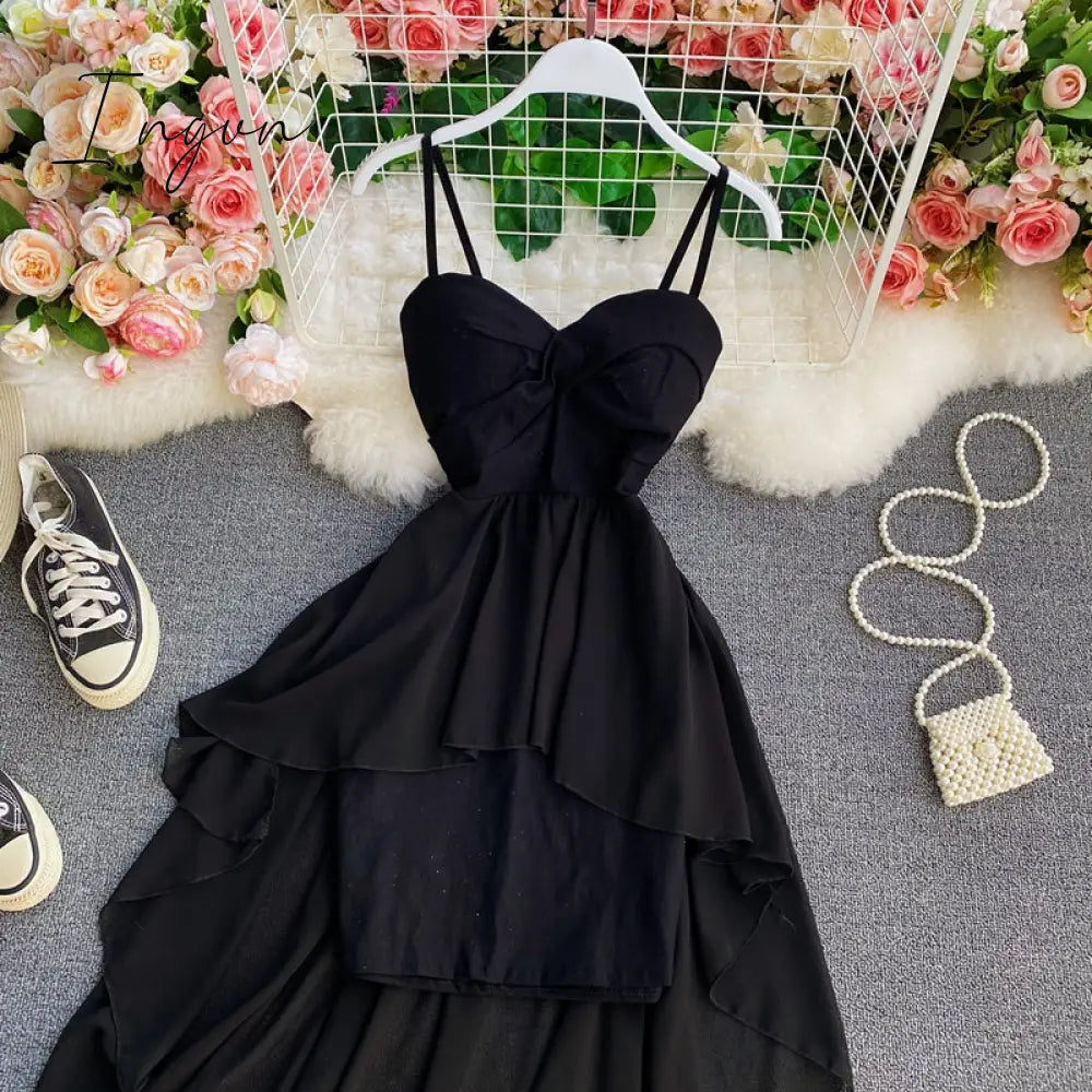 Ingvn - Women Dress Spring Summer French Elegant Sexy Gentle Temperament Female Irregular Tube Top Sling Big Swing Vestido