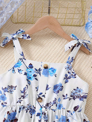 Girls Bow Straps Cami Dress Floral Print Casual Suspender Dress