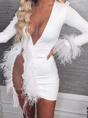 Ingvn - Sexy See Through Sequin Mesh Patchwork Dresses Women Deep V White Feather Mini Party Dress Ladies Nightclub Vestidos