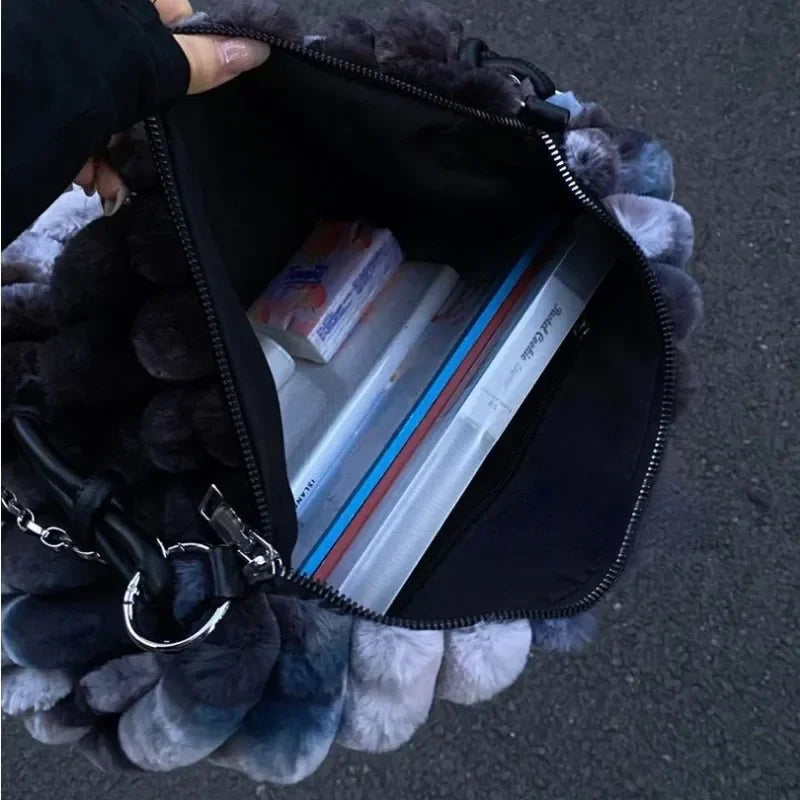 Ingvn  Tie-dye Womens Tote Bag Athletic Plush Chain Autumn and Winter Shopper Shoulder Bag Fluffy Large Capacity Ladies Handbag