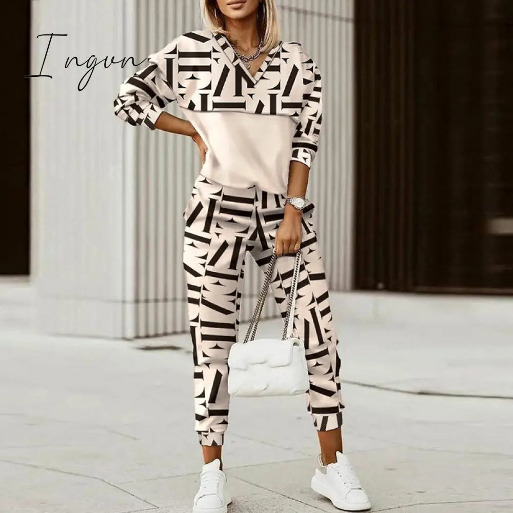 Ingvn - Spring Autumn Women Fashion Print Splicing Tracksuits Two Piece Sets Female Casual Long Sleeve V Neck Top Jogging Pant Suit