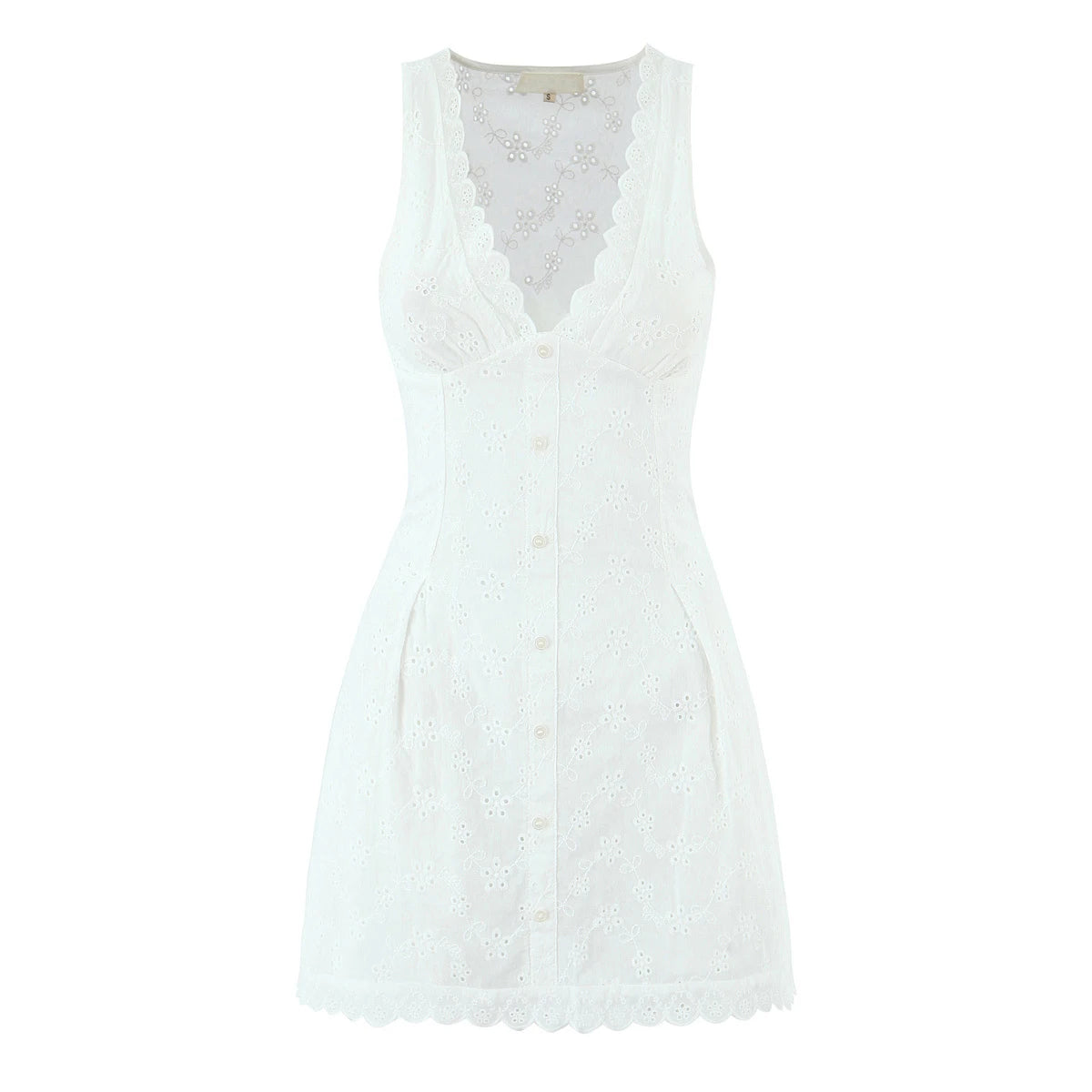 European And American Sexy Hollow Out Embroidered Dress Women V Neck Sleeveless A-line Mini White Dresses Summer Robe