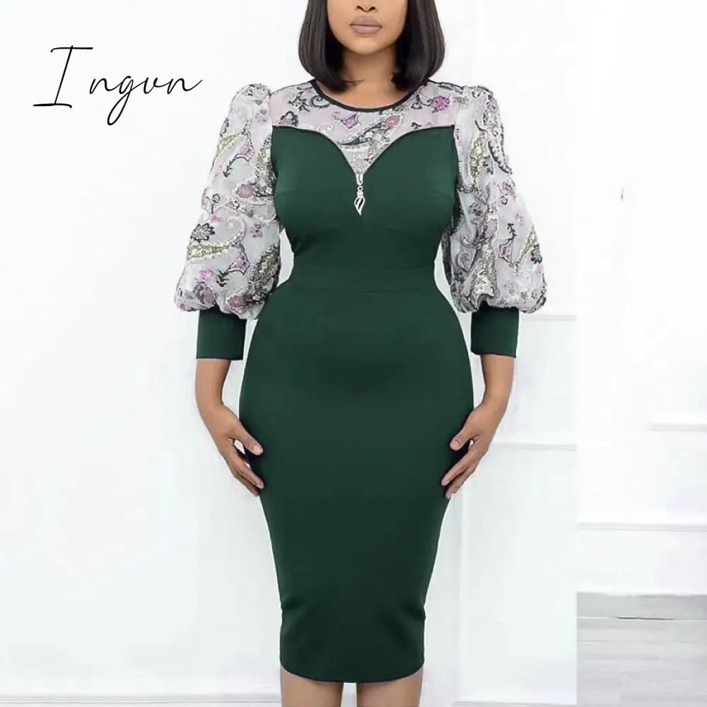 Ingvn - African Fashion Women Dresses Office Style Dot Patchwork Bow High Waist Bodycon Mid Calf Elegant Business Work Wear Vestidos New