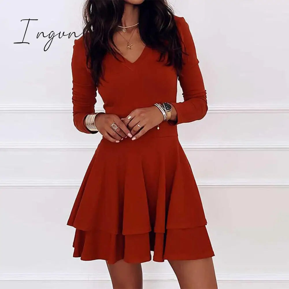 Ingvn - Spring Summer Elegant Solid Color Ruffle Party Dress Women Sexy V-neck Long Sleeve A-Line Dress Ladies Fashion Loose Dress