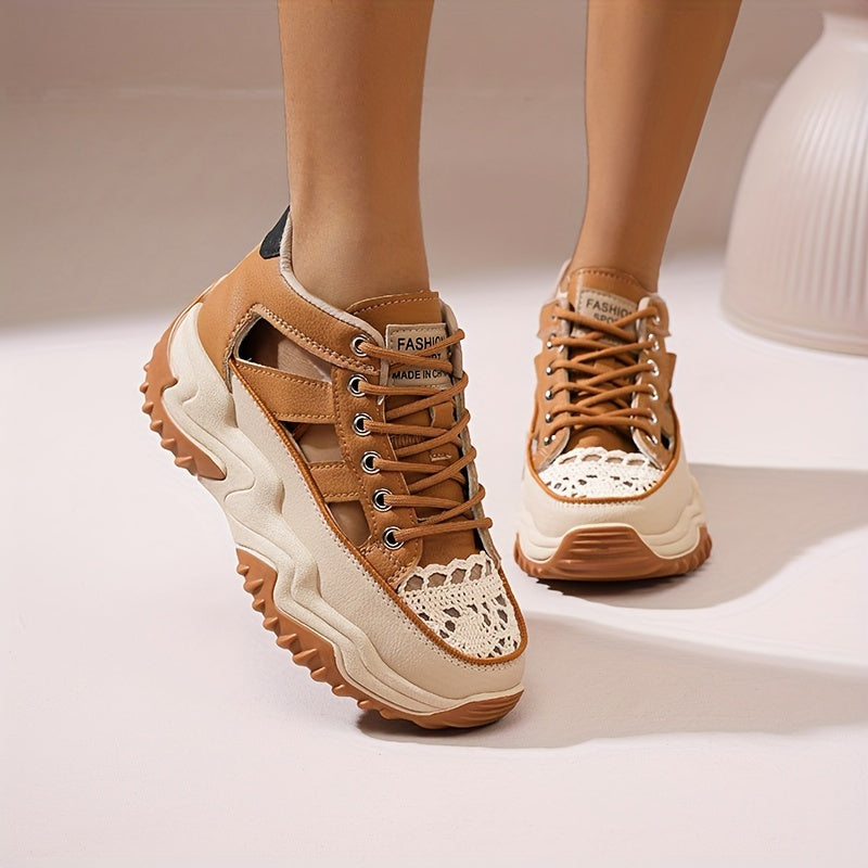 Fashionable Womens Platform Sneakers - Breathable Hollow Out Design - Lightweight Summer Shoes for Stylish Outdoor Adventures - Versatile Lace-Up High Tops for All-Day Comfort