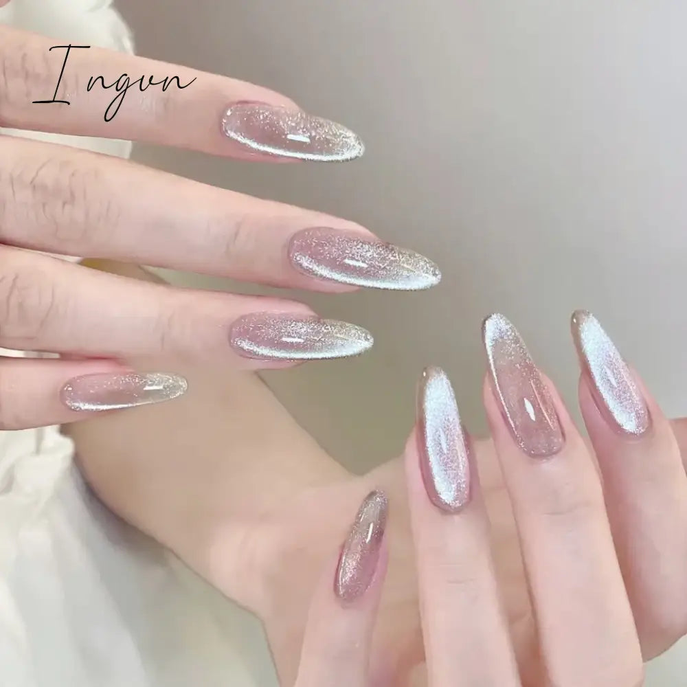 24pcs Short Glitter Purple False Nails  Almond Stiletto French Wearable Fake Nails Art Artificial Full Cover Press on Nail Tips