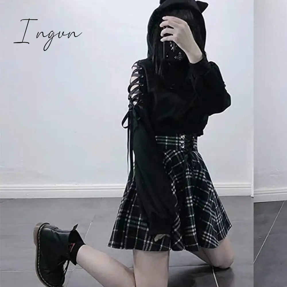 Ingvn - Gothic Lolita skirt female S-XL multi-size autumn and winter high waist lace-up short check wool skirt mini ballet skirt