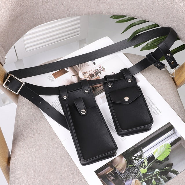 2 Piece Women's Belt Bag Luxury Designer Tactical Waist Bags Female Leather Flap Fanny Pack Shoulder Crossbody Chest Bag Purse