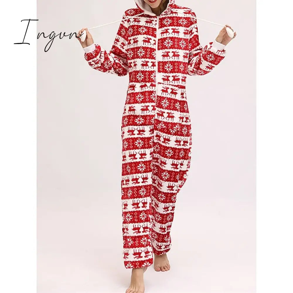 Ingvn - Women's Pajamas Jumpsuit Elk Snowflake Warm Fashion Casual Home Christmas Daily Polyester Breathable Hoodie Long Sleeve Pocket Fall Winter Black White