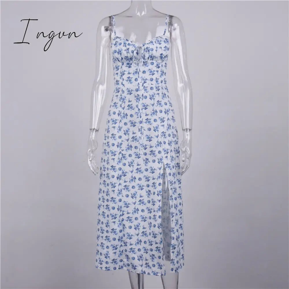 Ingvn - Wine Floral Dress Women Prairie Chic Spaghetti Straps Backless Chest Draped Lace Up Side Split Sexy Long Dresses
