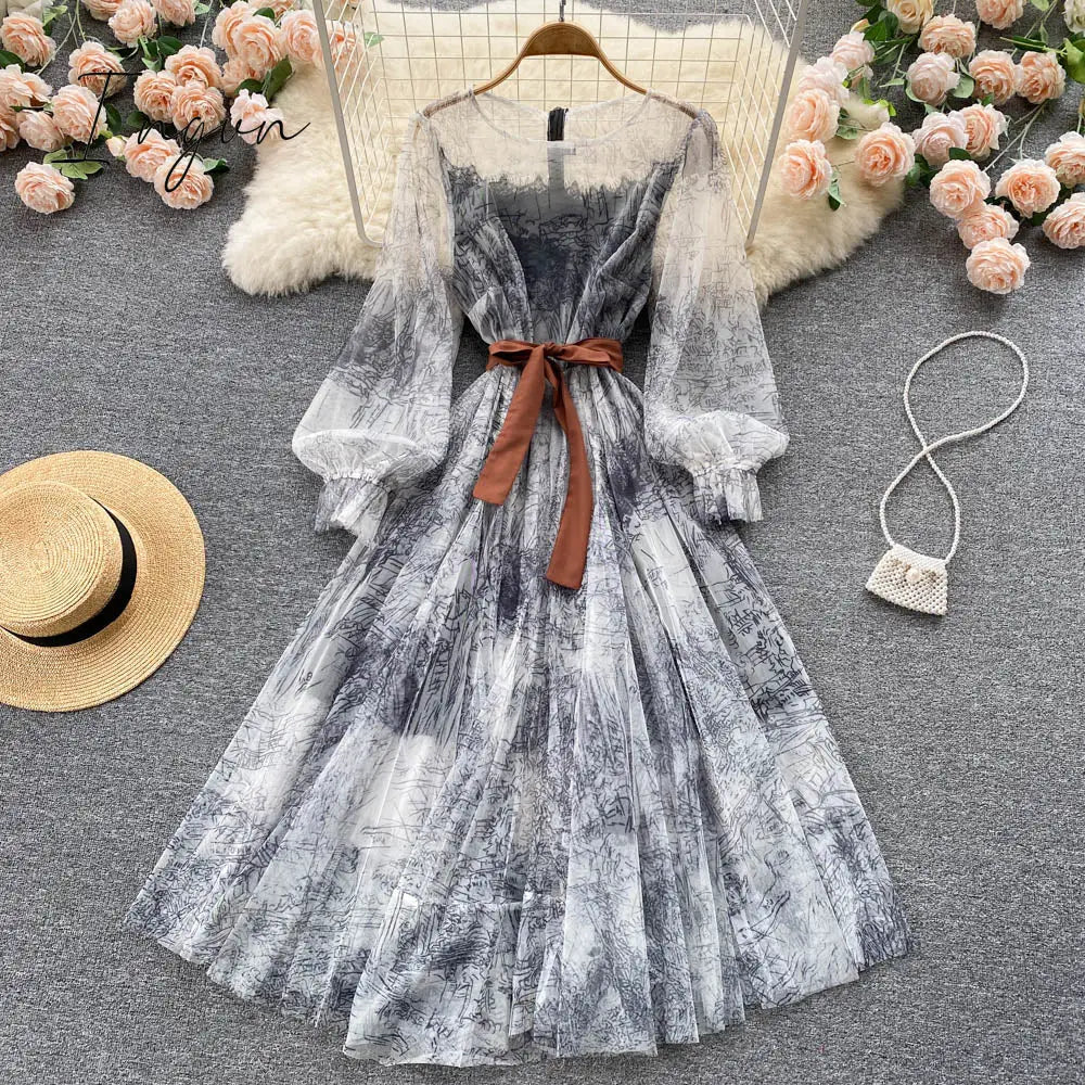Ingvn - Elegant Women Mesh Dress Vintage Lantern Sleeves Printed Party Dresses Spring Summer Patchwork A Line Bandage Beach Dress
